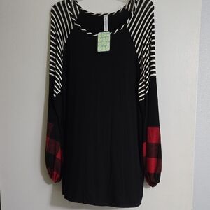 Black And White Striped And Red Plaid Women's Tunic